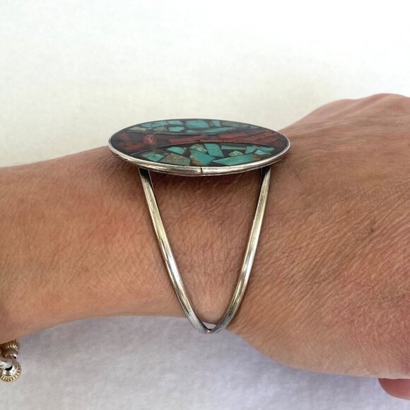 VTG Sterling Silver 925 Southwest Oval Crushed Turquoise Coral Cuff Bracelet - Picture 5 of 16